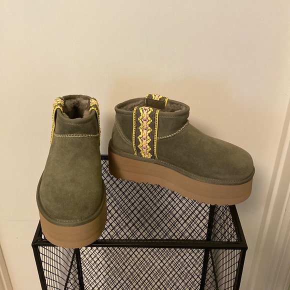 UGG Shoes - NWOT UGG platform Tasman Braid Ultra mini suede shearling lined boots Olive 37